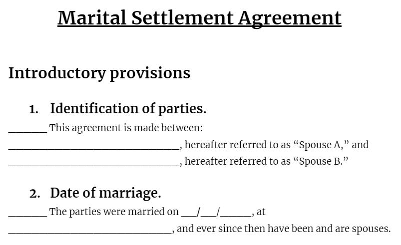 Template For Divorce Agreement